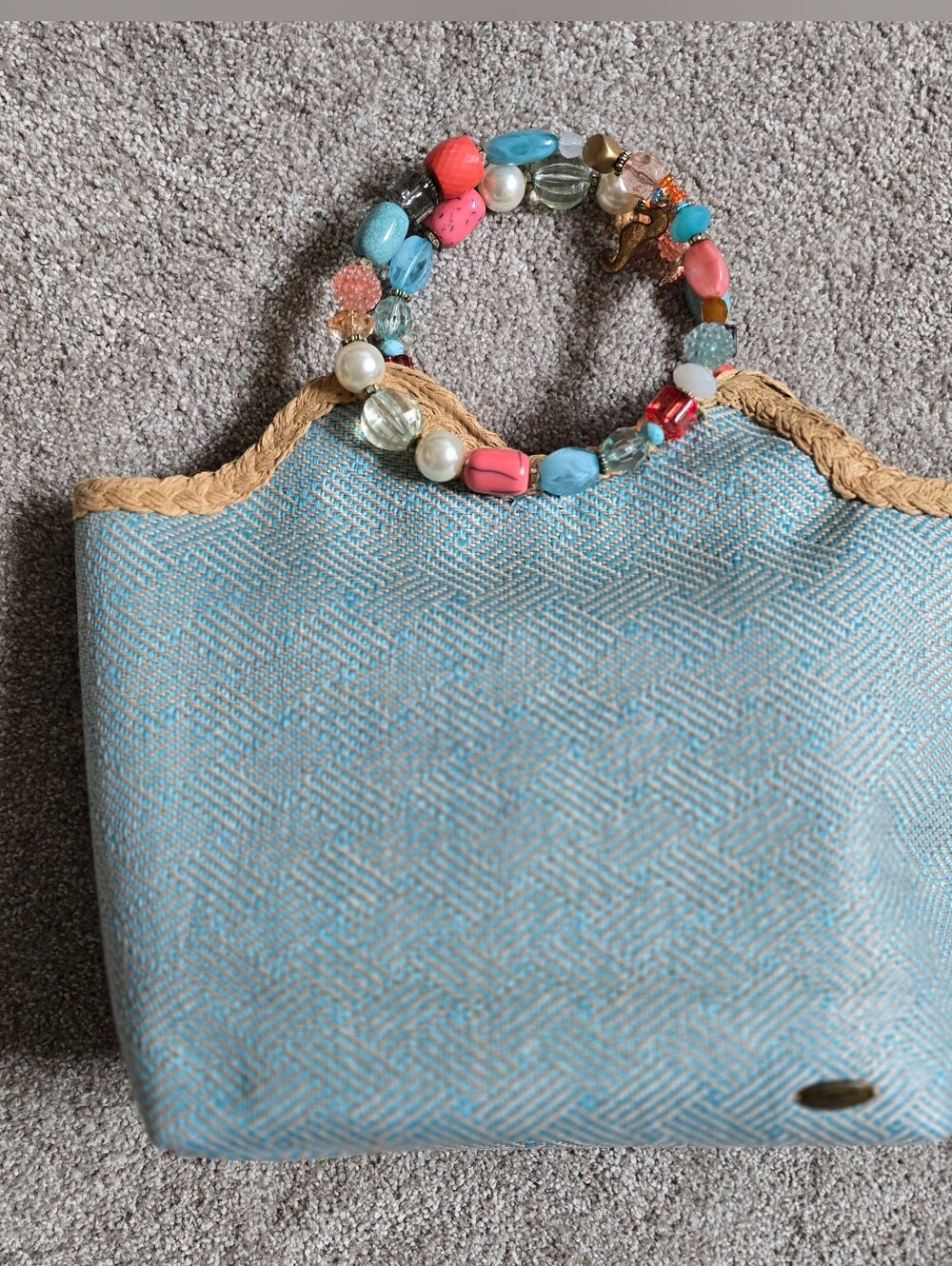 Cappelli Straworld Coral Reef Handbag Woven Purse Tote Beaded Handles